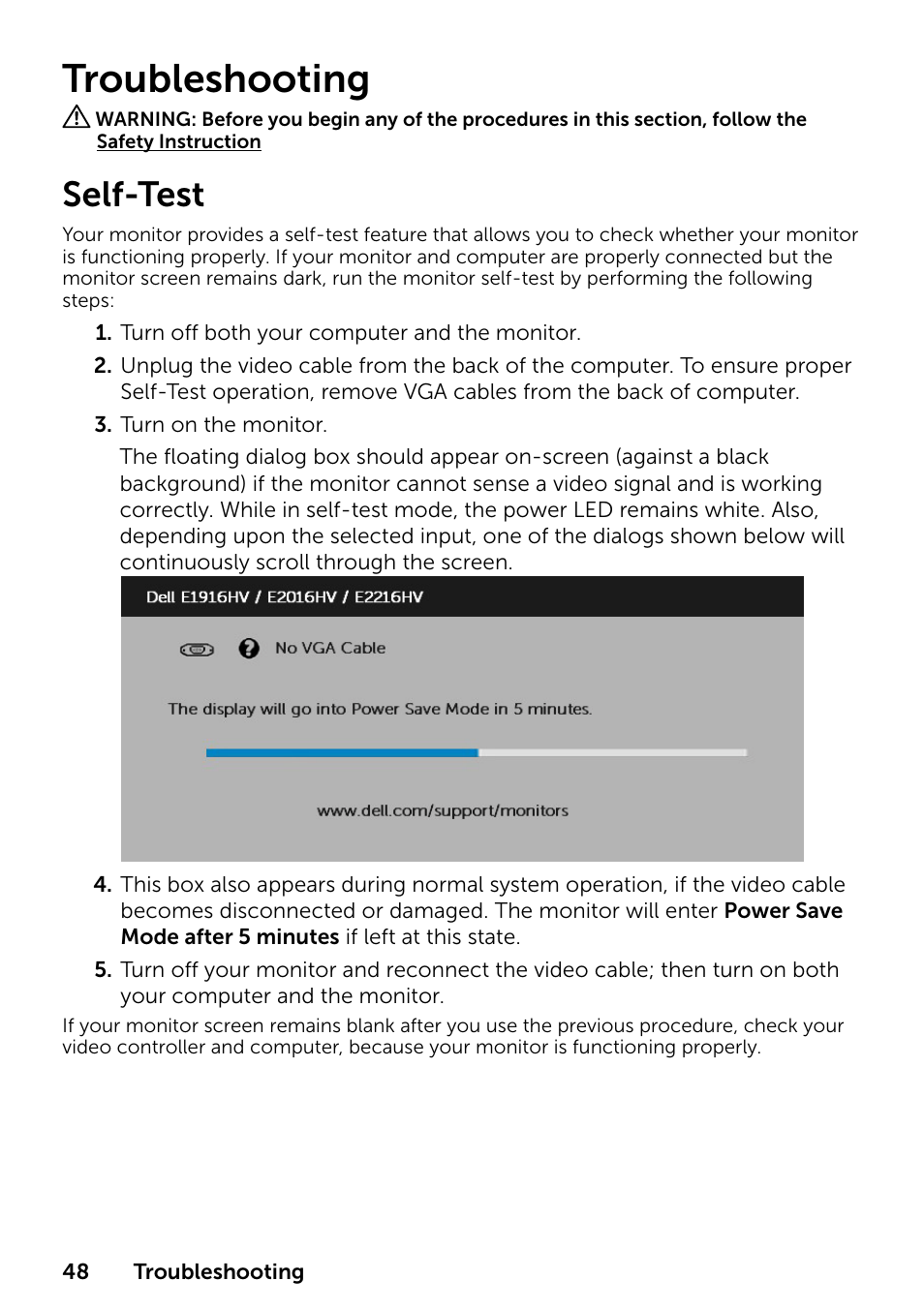 Troubleshooting, Self-test, Solving problems | Dell E1916HV 19" 16:9 LCD Monitor User Manual | Page 48 / 72