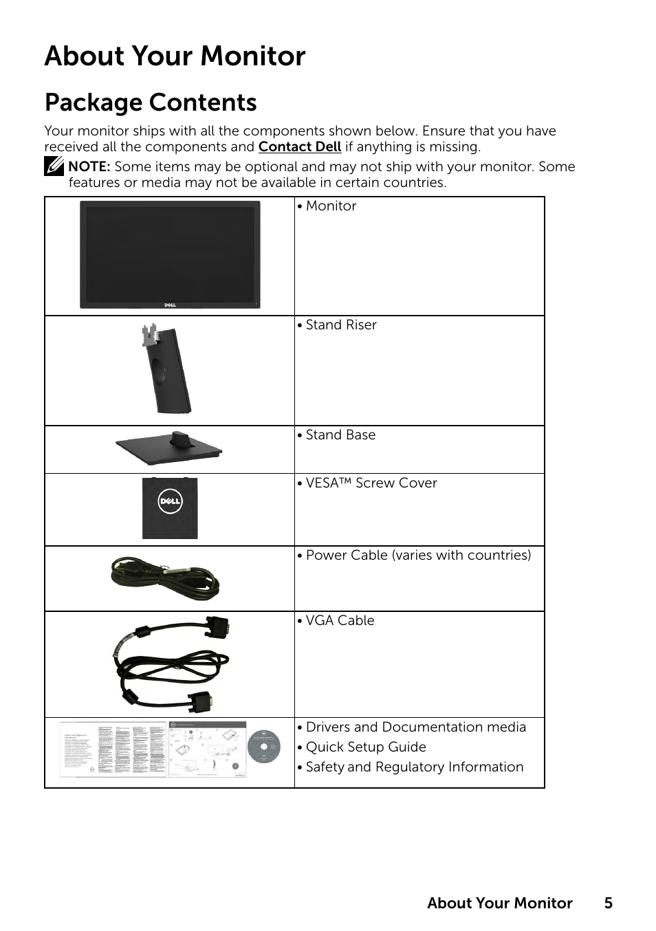 About your monitor, Package contents | Dell E1916HV 19" 16:9 LCD Monitor User Manual | Page 5 / 72