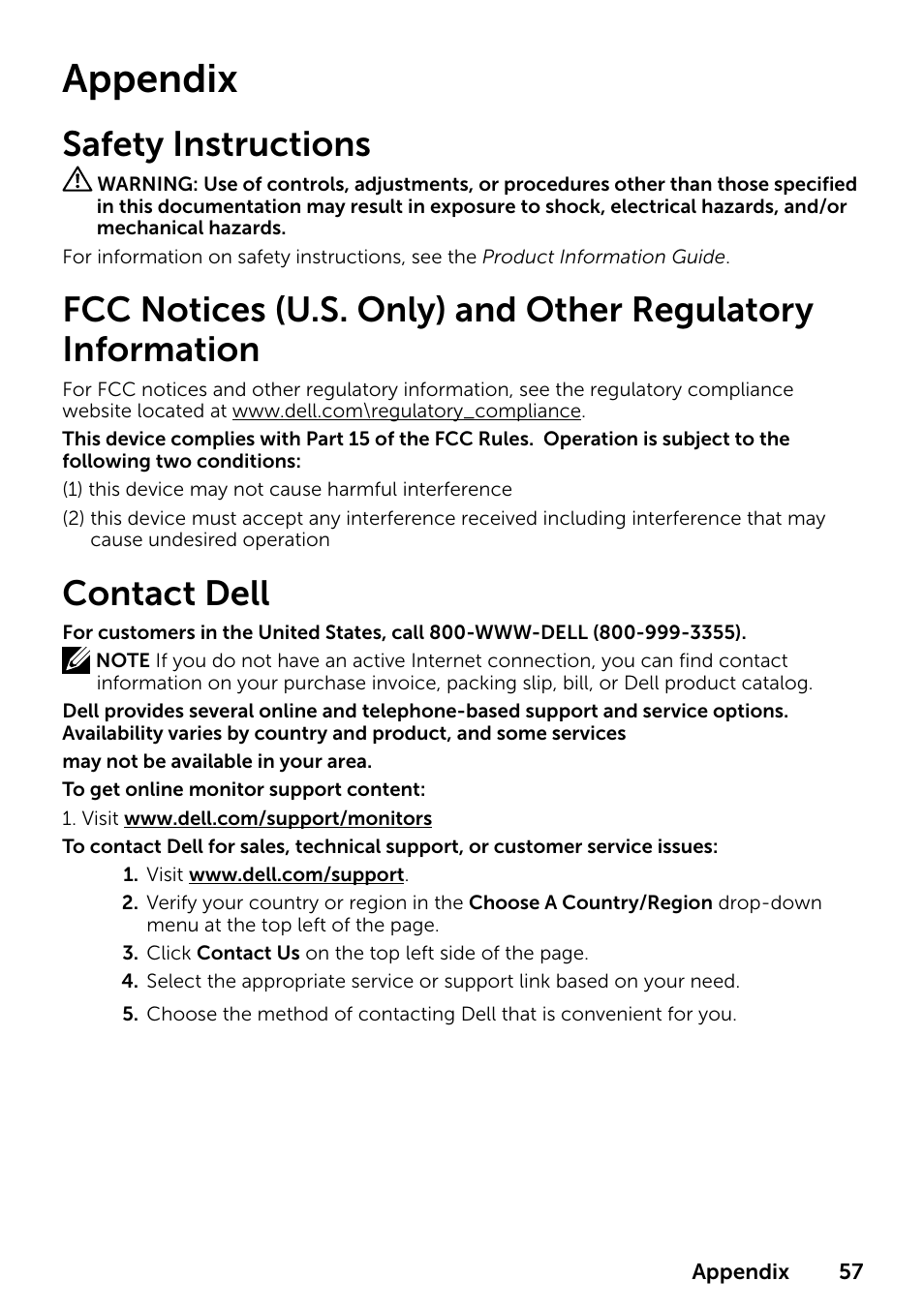 Appendix, Safety instructions, Contact dell | Dell E1916HV 19" 16:9 LCD Monitor User Manual | Page 57 / 72