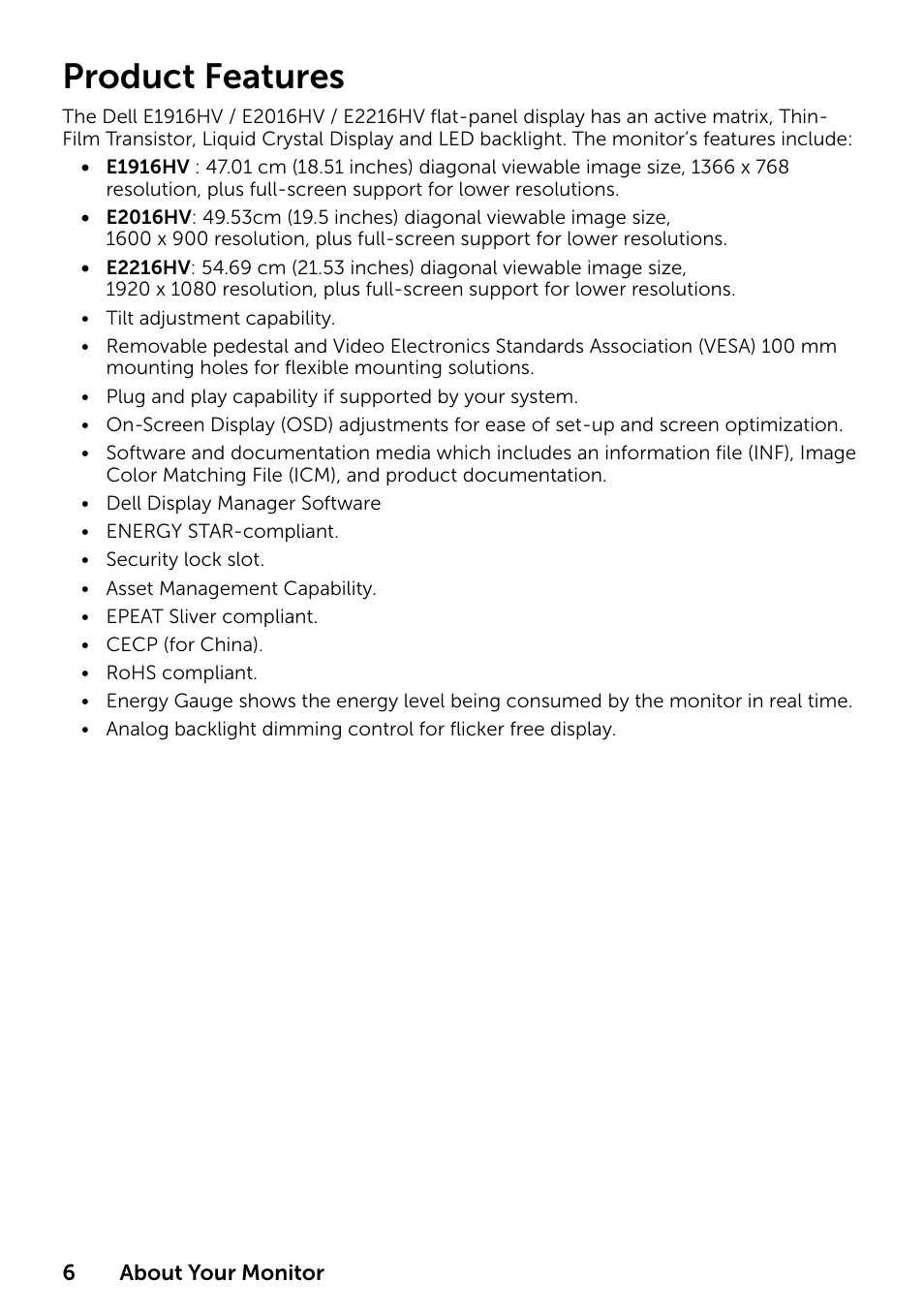 Product features | Dell E1916HV 19" 16:9 LCD Monitor User Manual | Page 6 / 72