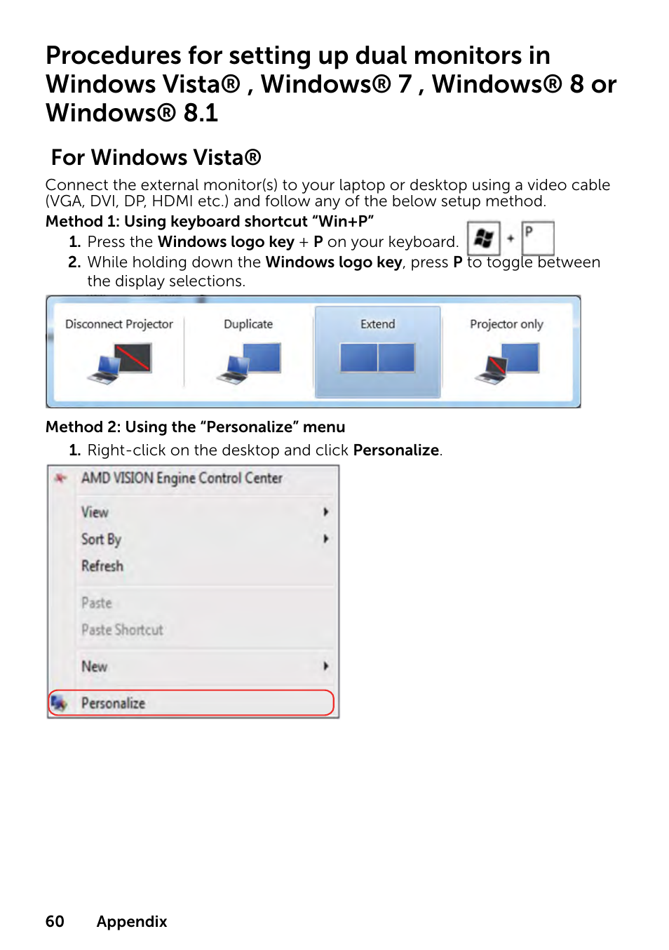 Procedures for setting up dual monitors, For windows vista | Dell E1916HV 19" 16:9 LCD Monitor User Manual | Page 60 / 72