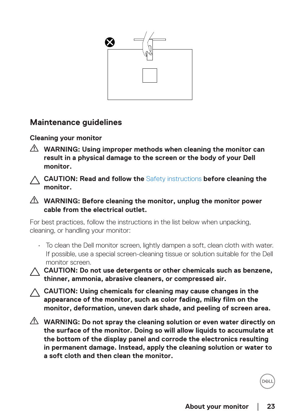 Maintenance guidelines, Cleaning your monitor | Dell E2723H 27" Monitor User Manual | Page 23 / 63