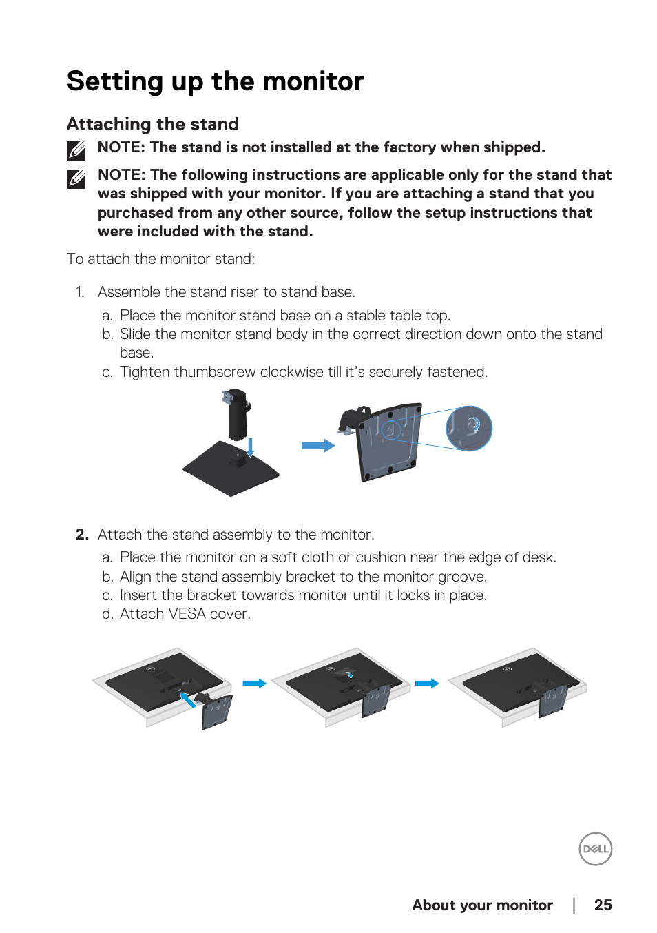 Setting up the monitor, Attaching the stand, Setting up the monitor attaching the stand | Dell E2723H 27" Monitor User Manual | Page 25 / 63