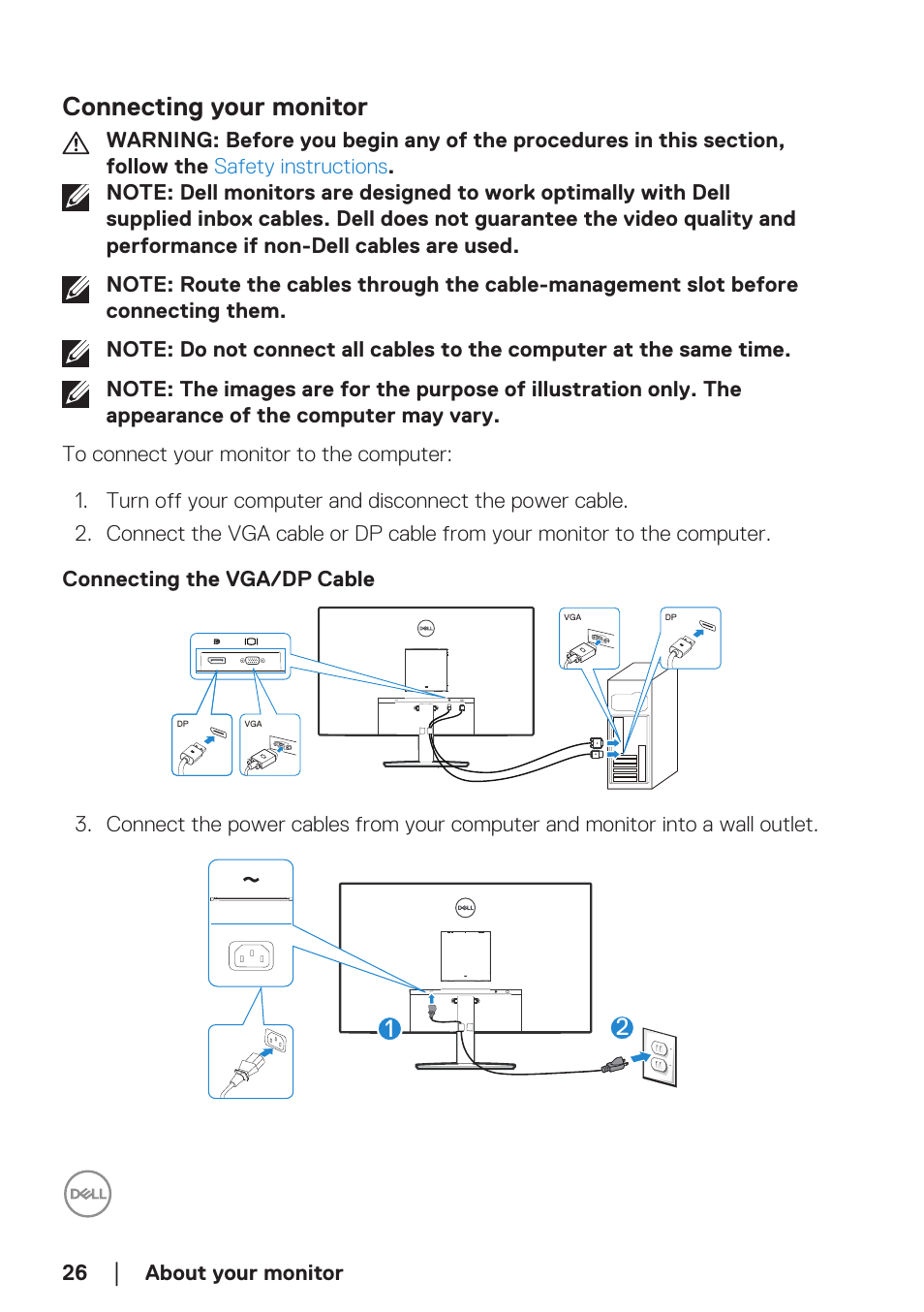 Connecting your monitor, Connecting the vga/dp cable | Dell E2723H 27" Monitor User Manual | Page 26 / 63