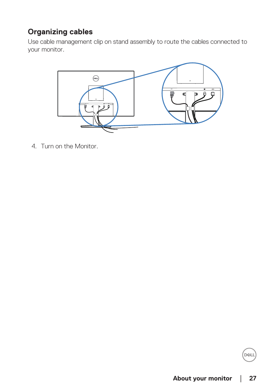 Organizing cables | Dell E2723H 27" Monitor User Manual | Page 27 / 63