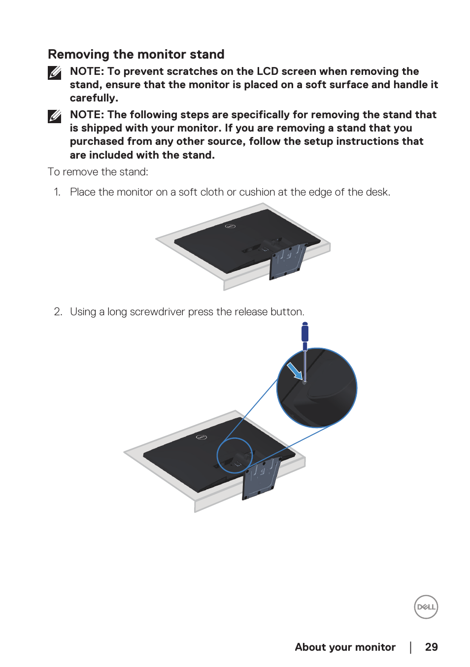 Removing the monitor stand | Dell E2723H 27" Monitor User Manual | Page 29 / 63