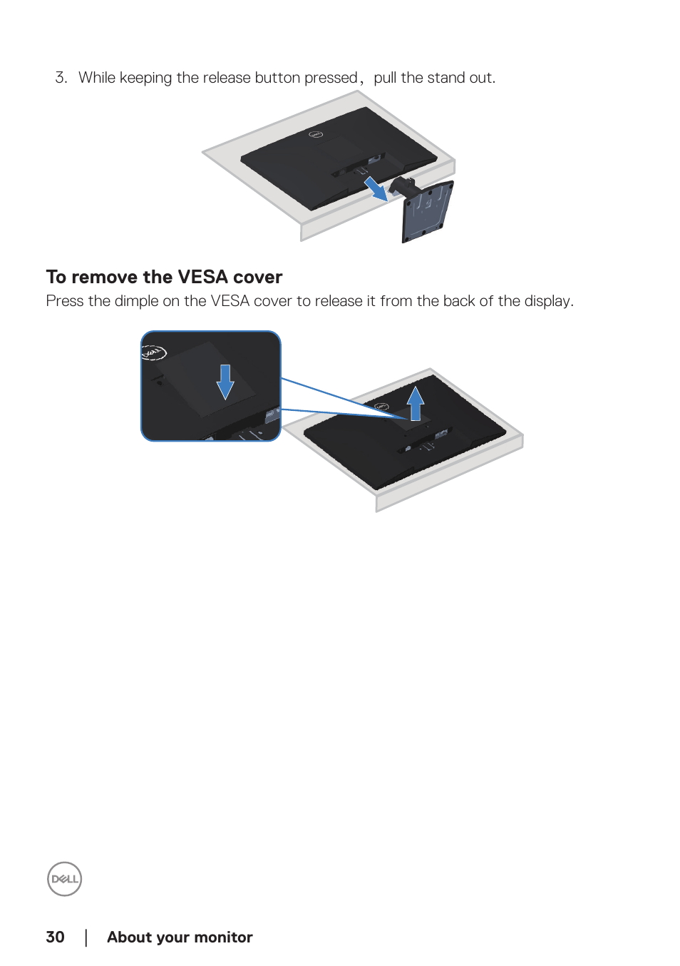 To remove the vesa cover | Dell E2723H 27" Monitor User Manual | Page 30 / 63
