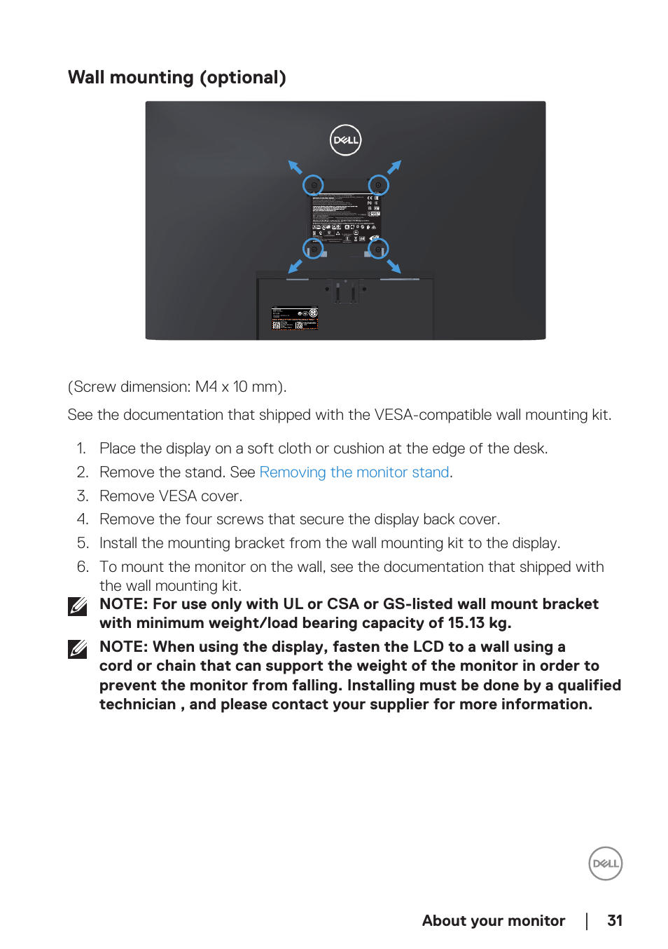 Wall mounting (optional), About your monitor | Dell E2723H 27" Monitor User Manual | Page 31 / 63