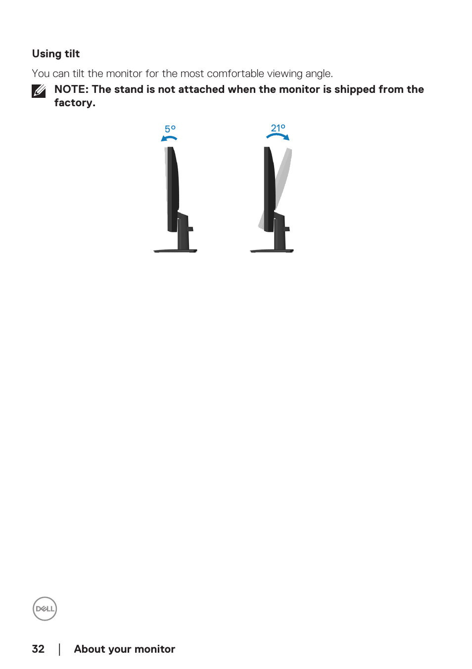 Using tilt | Dell E2723H 27" Monitor User Manual | Page 32 / 63