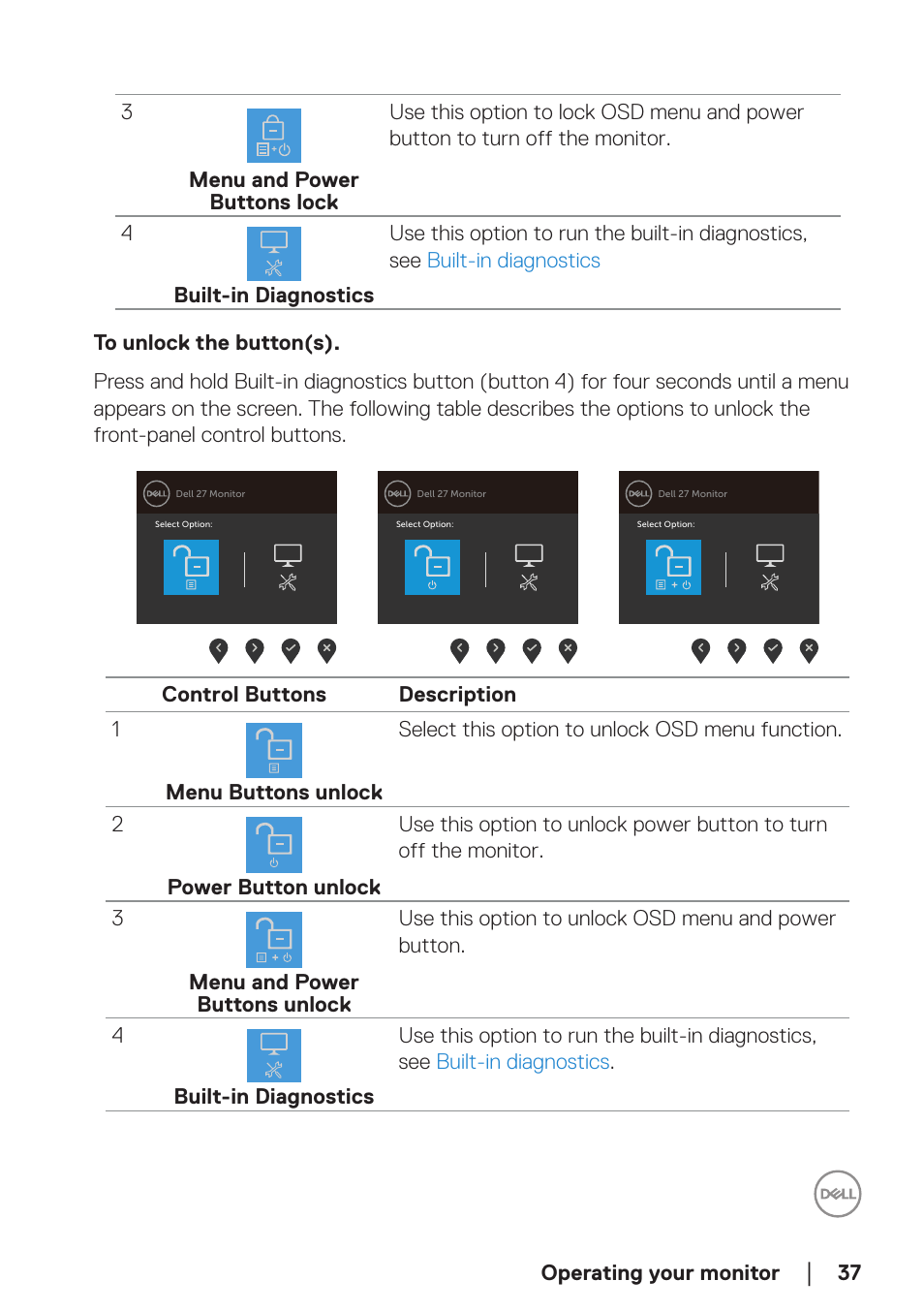 To unlock the button(s) | Dell E2723H 27" Monitor User Manual | Page 37 / 63