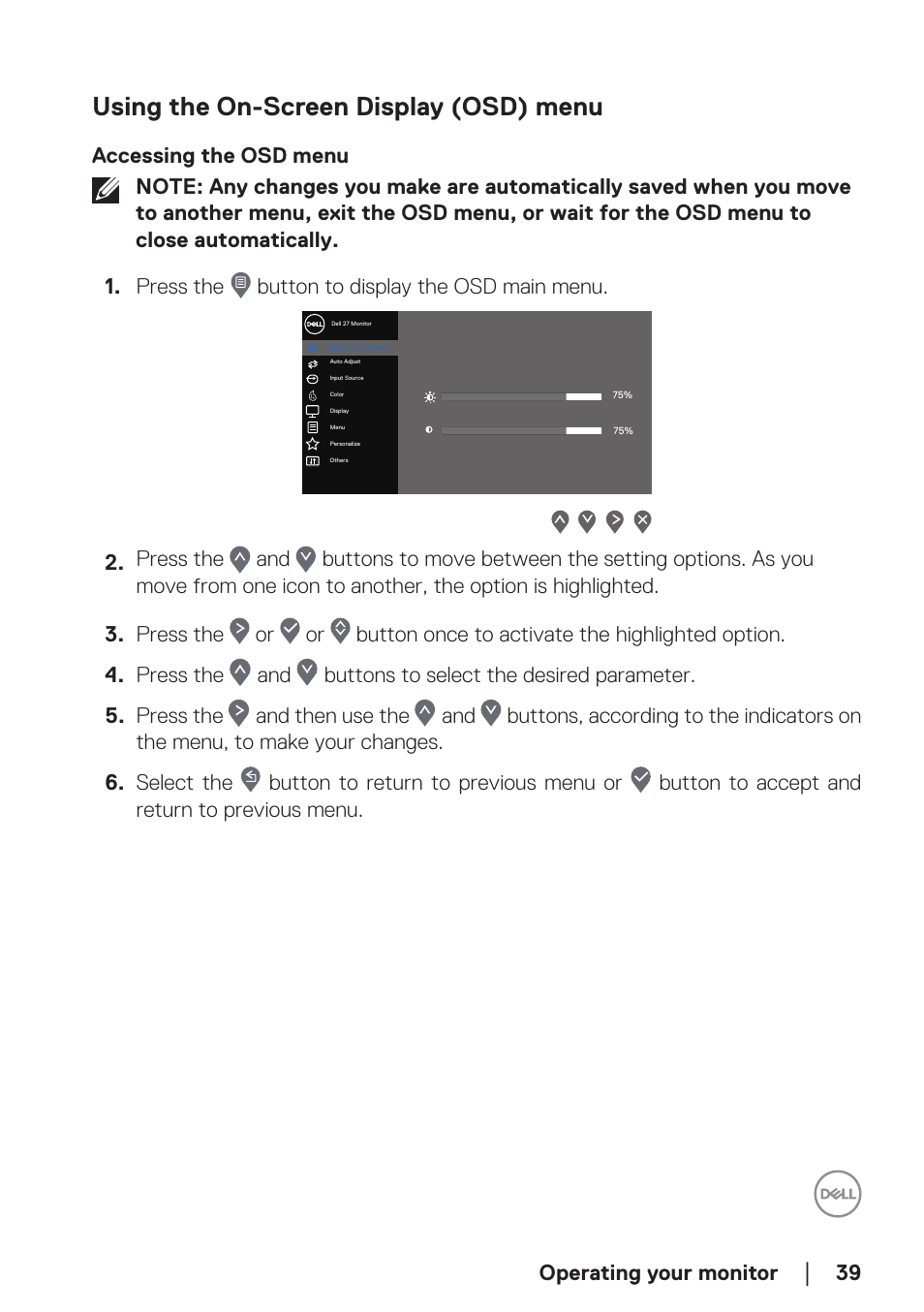 Using the on-screen display (osd) menu, Accessing the osd menu, Operating your monitor | Dell E2723H 27" Monitor User Manual | Page 39 / 63