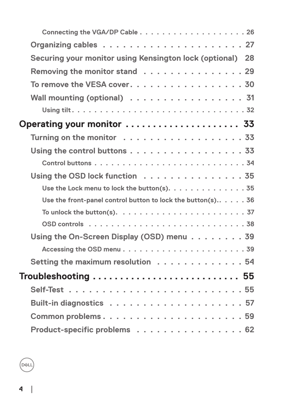 Operating your monitor, Troubleshooting | Dell E2723H 27" Monitor User Manual | Page 4 / 63