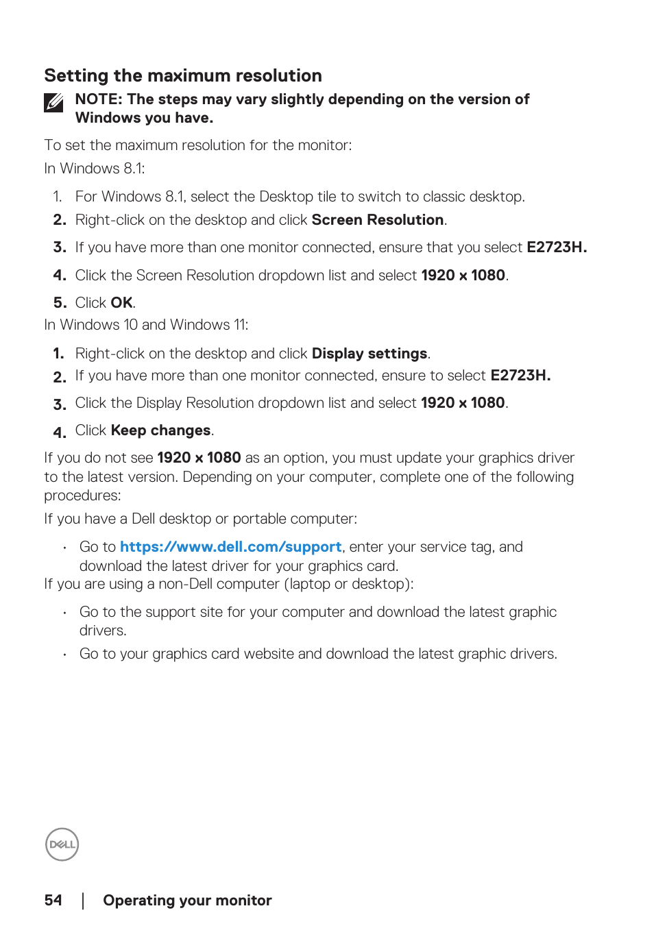 Setting the maximum resolution | Dell E2723H 27" Monitor User Manual | Page 54 / 63