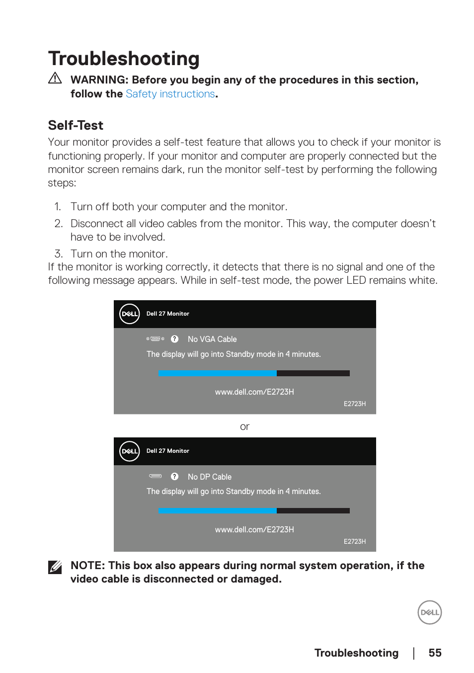 Troubleshooting, Self-test | Dell E2723H 27" Monitor User Manual | Page 55 / 63