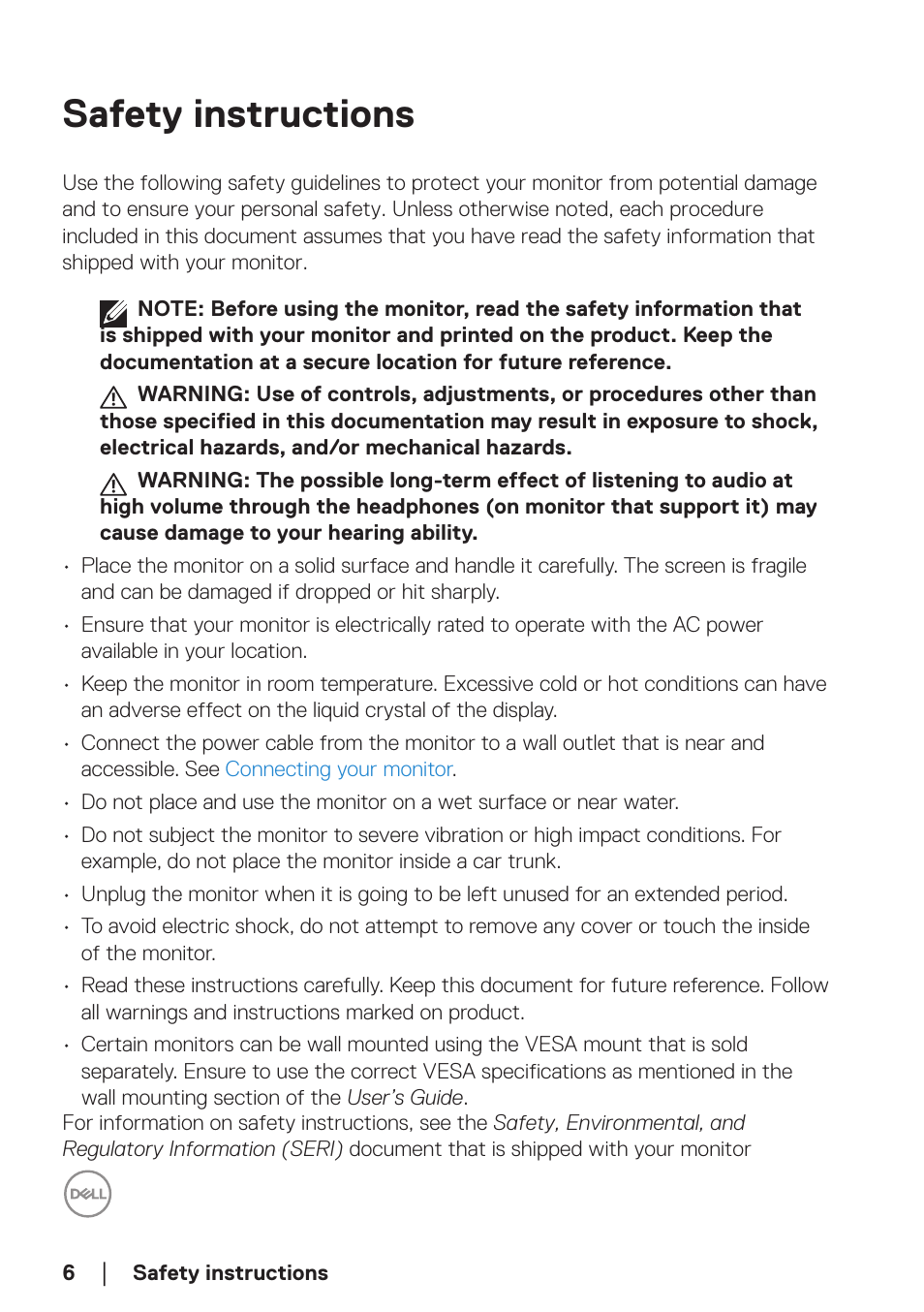 Safety instructions | Dell E2723H 27" Monitor User Manual | Page 6 / 63