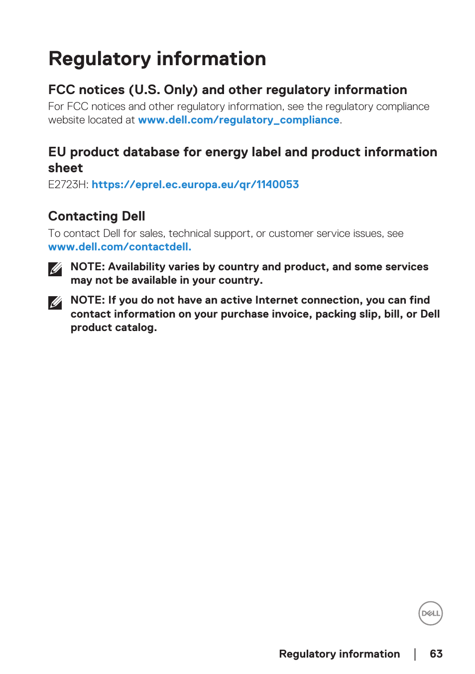 Regulatory information, Contacting dell | Dell E2723H 27" Monitor User Manual | Page 63 / 63