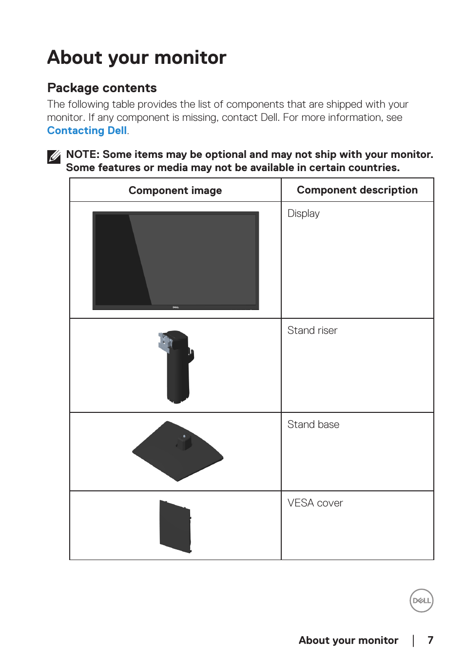 About your monitor, Package contents | Dell E2723H 27" Monitor User Manual | Page 7 / 63