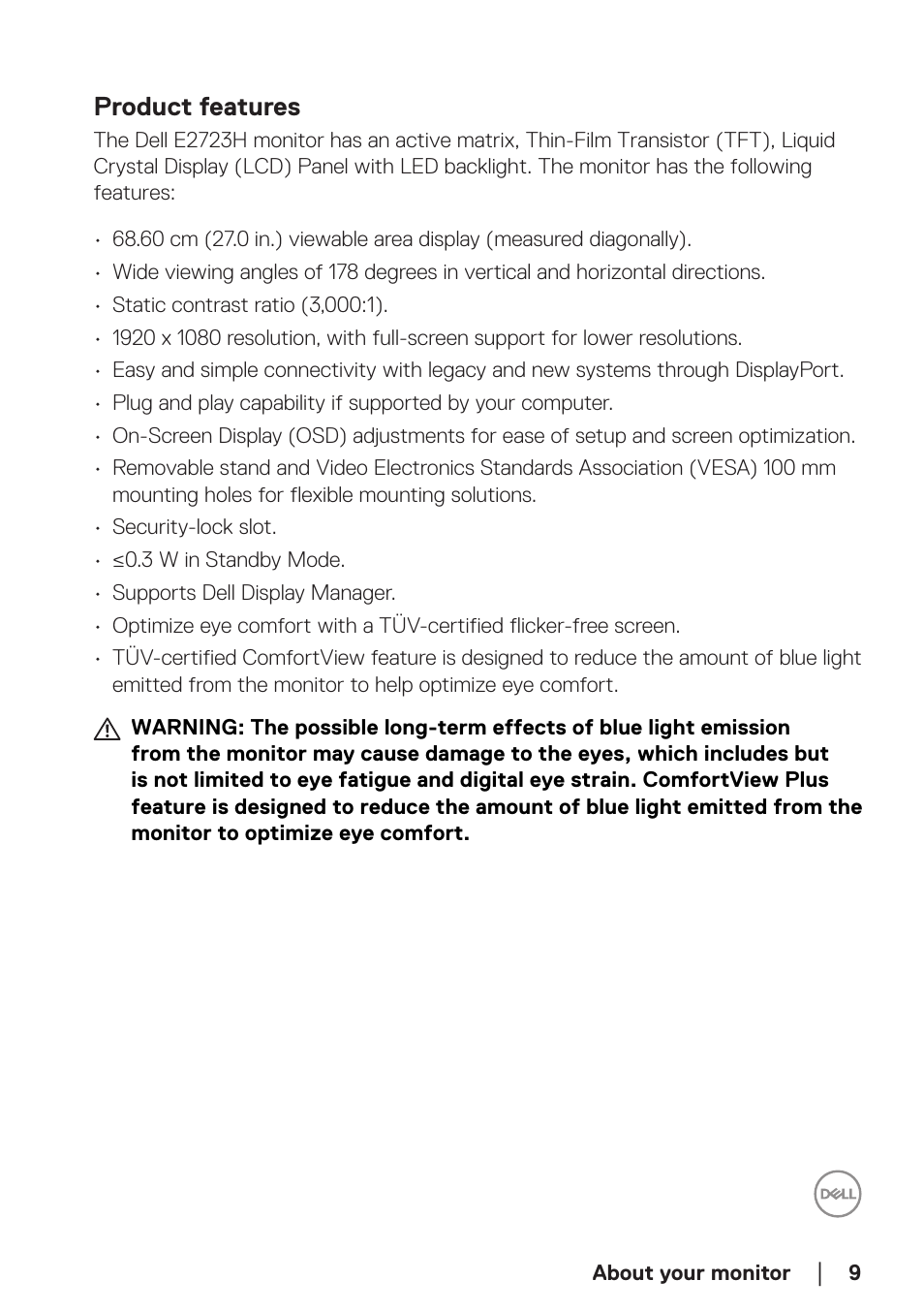 Product features | Dell E2723H 27" Monitor User Manual | Page 9 / 63