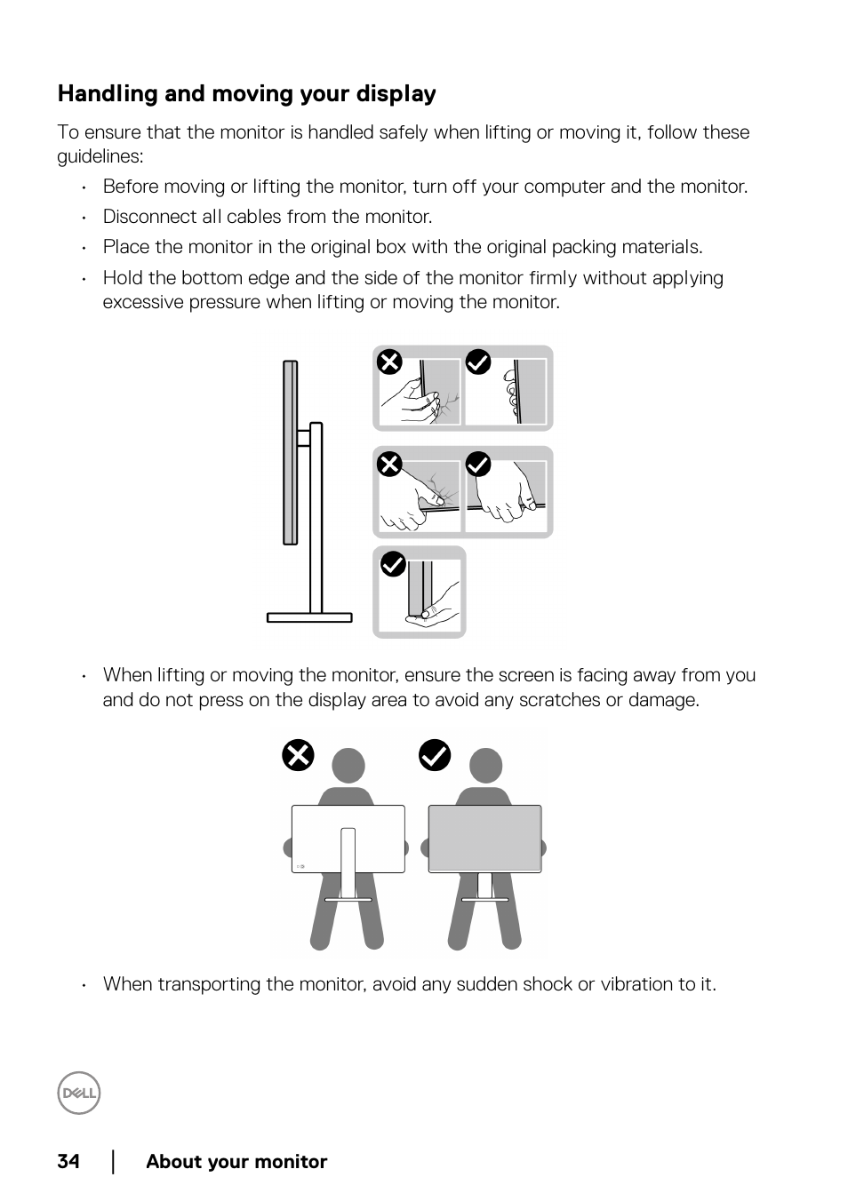 Handling and moving your display | Dell UltraSharp 38" 1600p Curved Monitor User Manual | Page 34 / 96