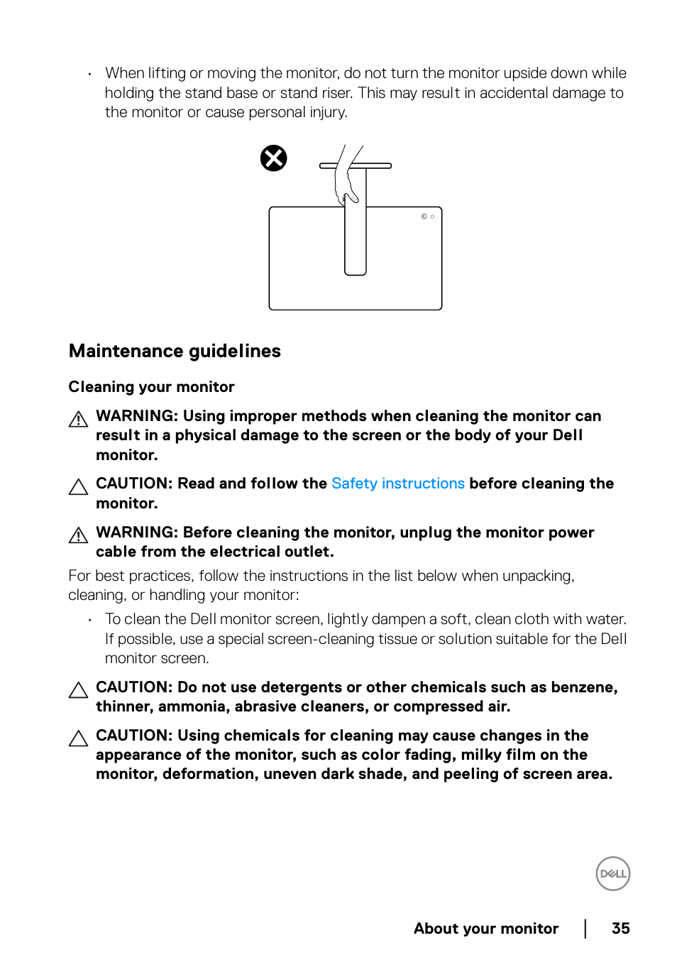 Maintenance guidelines, Cleaning your monitor | Dell UltraSharp 38" 1600p Curved Monitor User Manual | Page 35 / 96