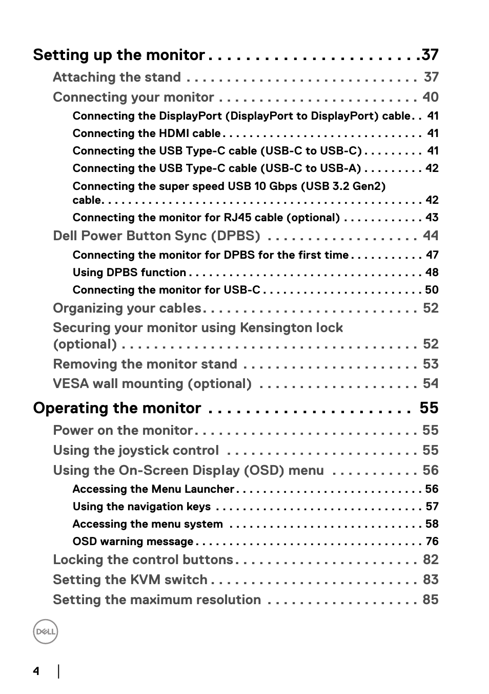 Setting up the monitor, Operating the monitor | Dell UltraSharp 38" 1600p Curved Monitor User Manual | Page 4 / 96