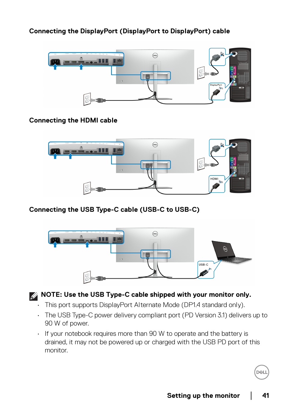 Connecting the hdmi cable, Connecting the usb type-c cable (usb-c to usb-c) | Dell UltraSharp 38" 1600p Curved Monitor User Manual | Page 41 / 96