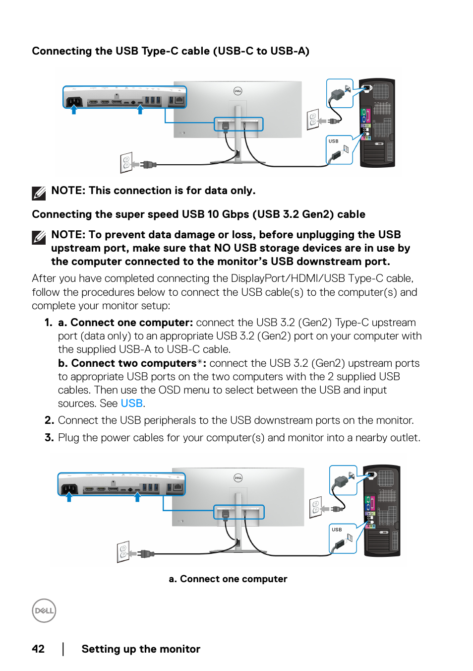 Connecting the usb type-c cable (usb-c to usb-a), Cable | Dell UltraSharp 38" 1600p Curved Monitor User Manual | Page 42 / 96