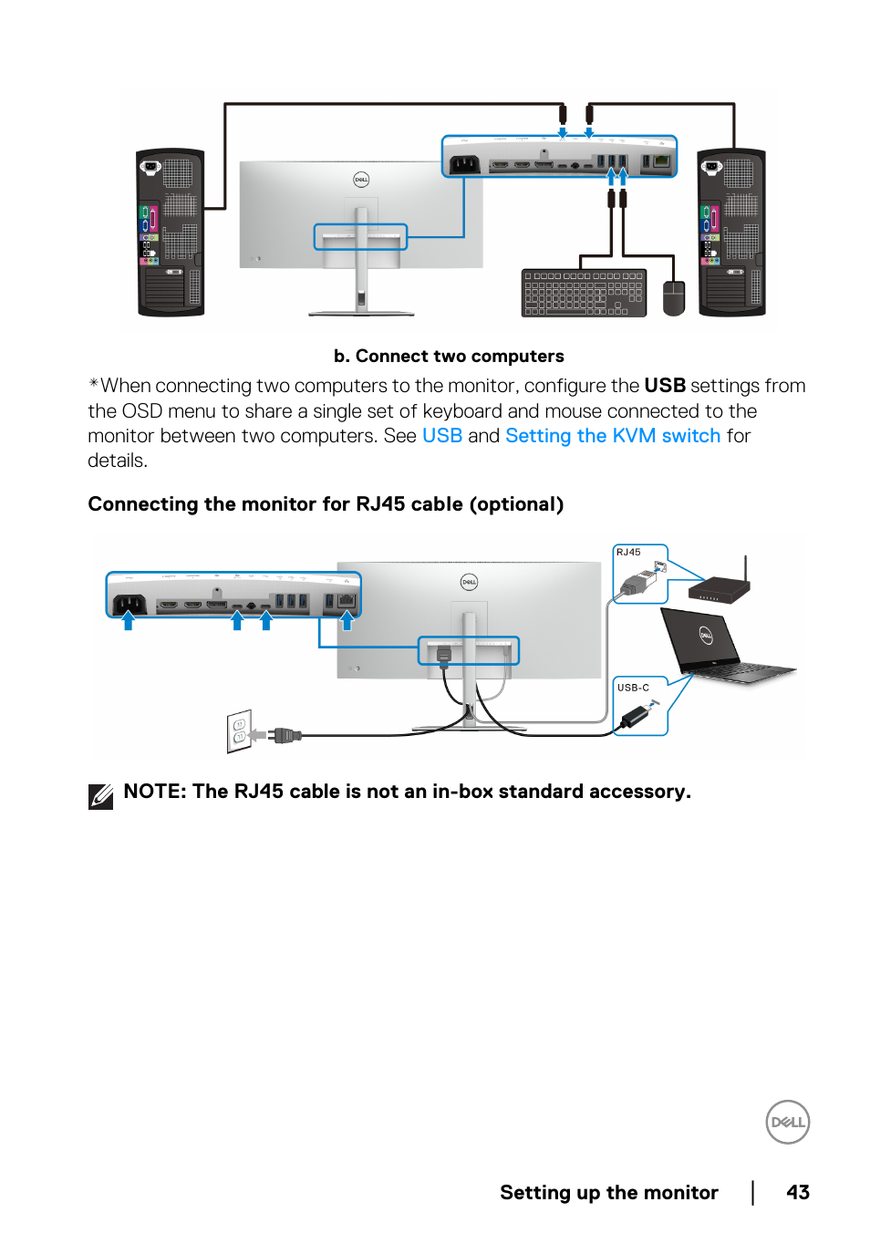 Connecting the monitor for rj45 cable (optional) | Dell UltraSharp 38" 1600p Curved Monitor User Manual | Page 43 / 96