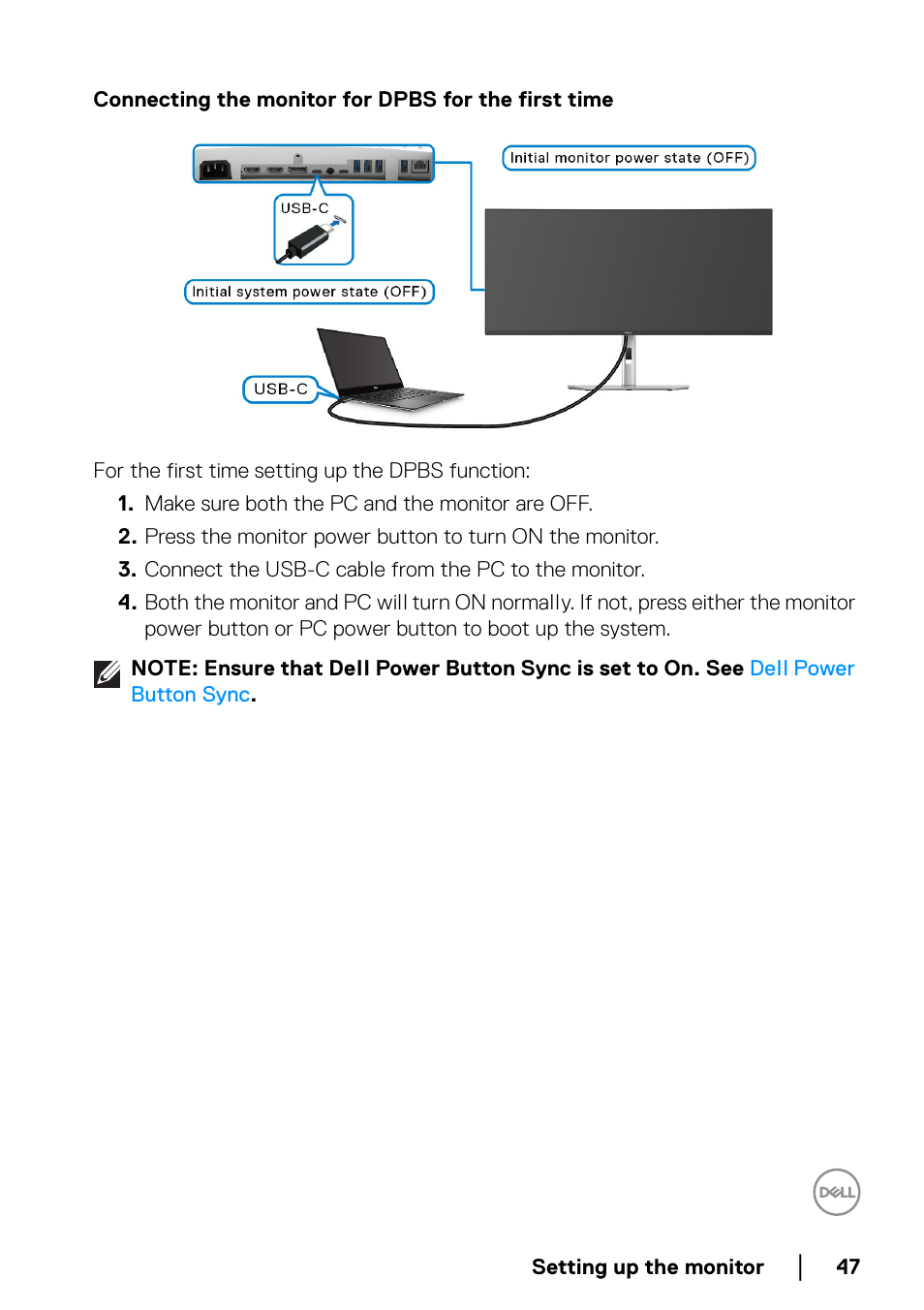 Connecting the monitor for dpbs for the first time | Dell UltraSharp 38" 1600p Curved Monitor User Manual | Page 47 / 96