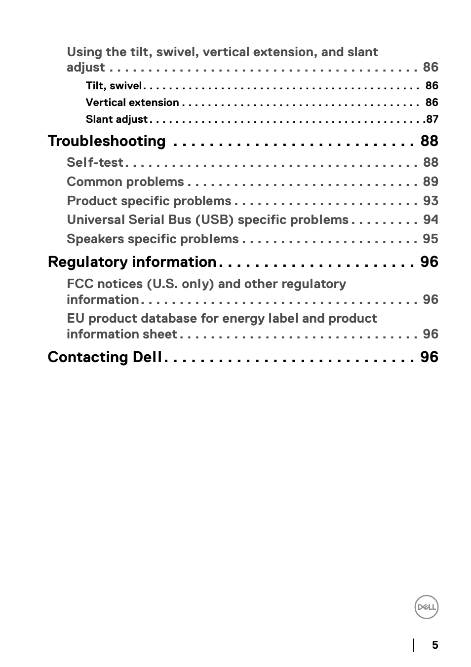 Troubleshooting, Regulatory information, Contacting dell | Dell UltraSharp 38" 1600p Curved Monitor User Manual | Page 5 / 96
