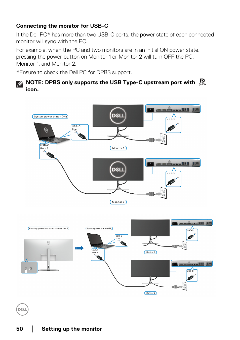 Connecting the monitor for usb-c | Dell UltraSharp 38" 1600p Curved Monitor User Manual | Page 50 / 96