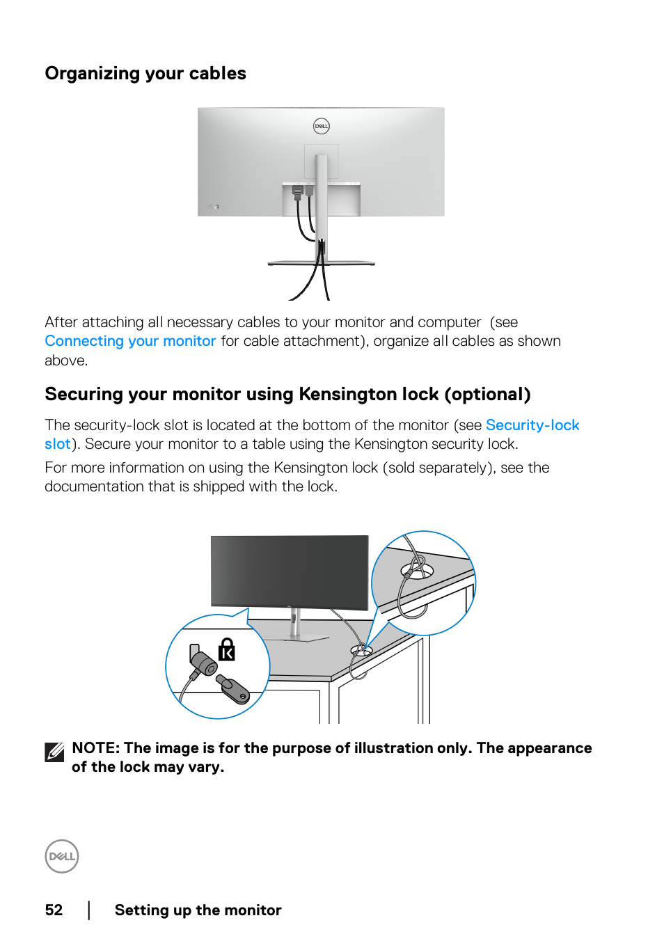 Organizing your cables, Securing your monitor using kensington lock, Optional) | Dell UltraSharp 38" 1600p Curved Monitor User Manual | Page 52 / 96