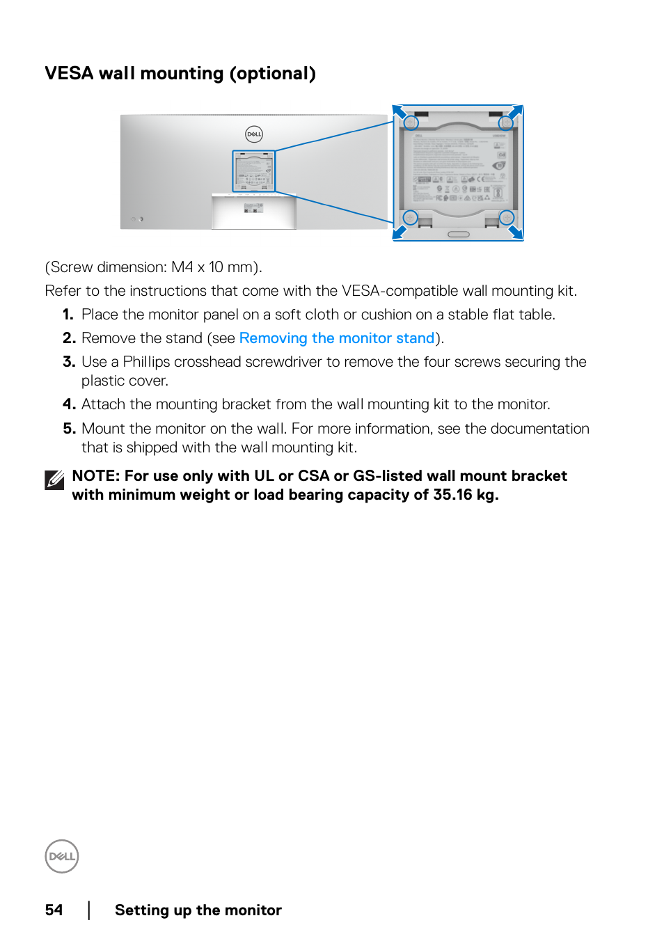Vesa wall mounting (optional) | Dell UltraSharp 38" 1600p Curved Monitor User Manual | Page 54 / 96