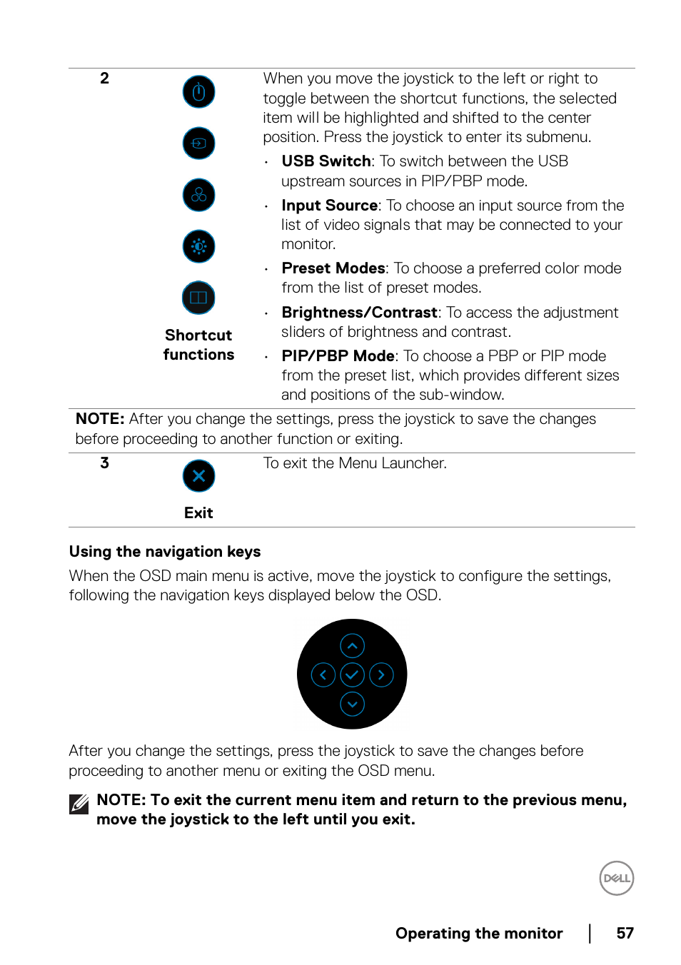 Using the navigation keys | Dell UltraSharp 38" 1600p Curved Monitor User Manual | Page 57 / 96
