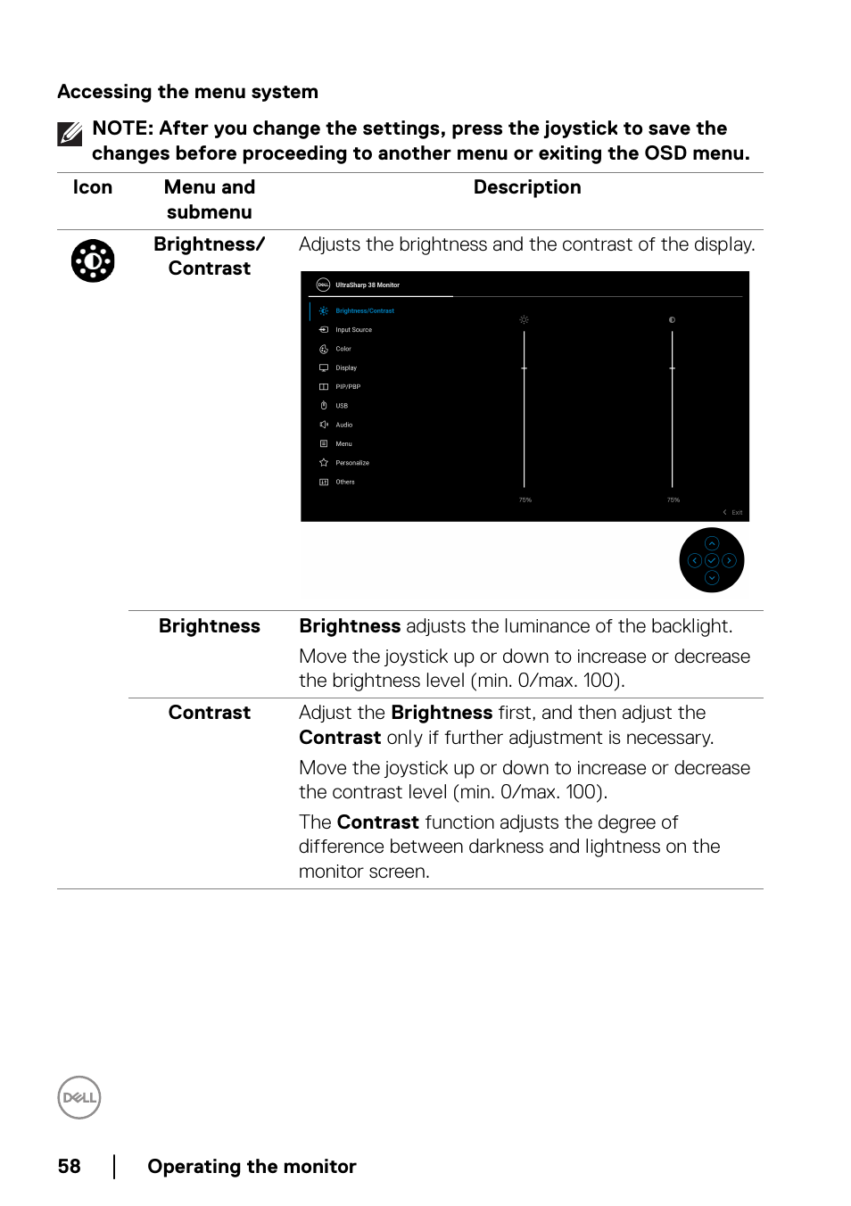 Accessing the menu system | Dell UltraSharp 38" 1600p Curved Monitor User Manual | Page 58 / 96