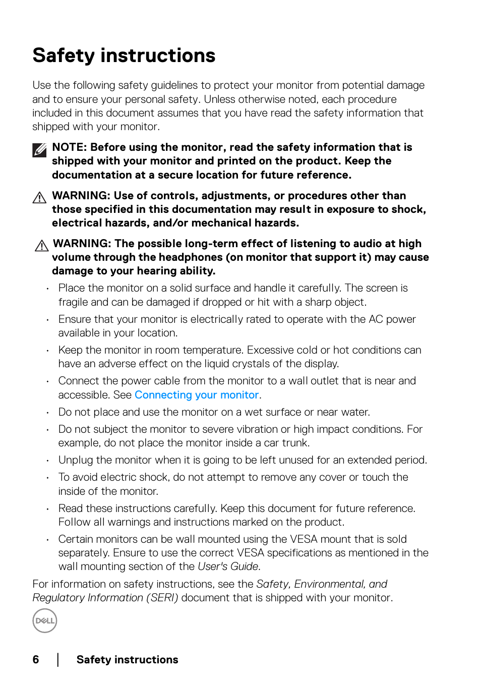 Safety instructions | Dell UltraSharp 38" 1600p Curved Monitor User Manual | Page 6 / 96