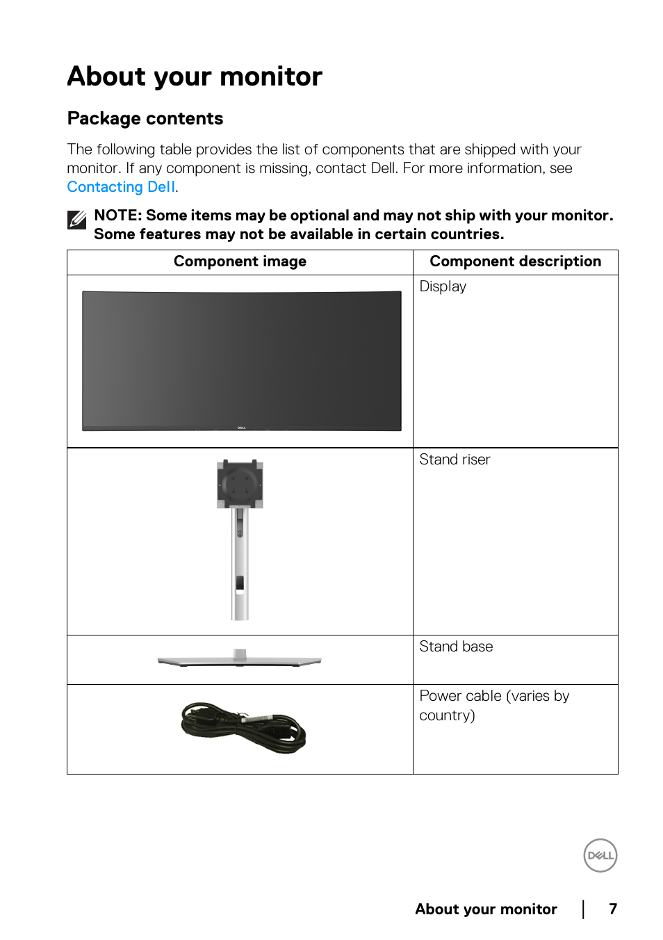About your monitor, Package contents | Dell UltraSharp 38" 1600p Curved Monitor User Manual | Page 7 / 96