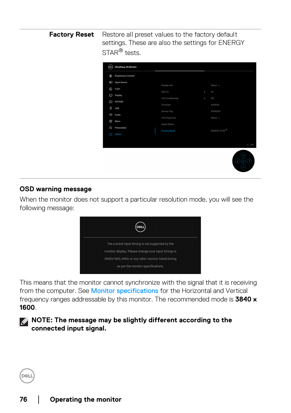 Osd warning message | Dell UltraSharp 38" 1600p Curved Monitor User Manual | Page 76 / 96