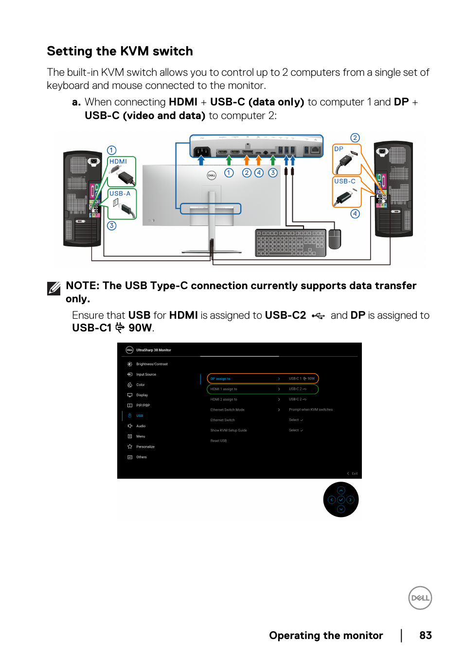 Setting the kvm switch | Dell UltraSharp 38" 1600p Curved Monitor User Manual | Page 83 / 96