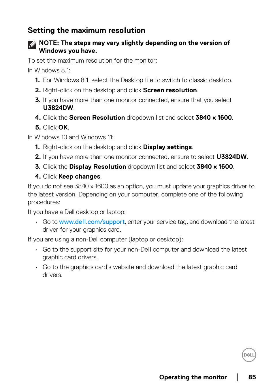 Setting the maximum resolution | Dell UltraSharp 38" 1600p Curved Monitor User Manual | Page 85 / 96