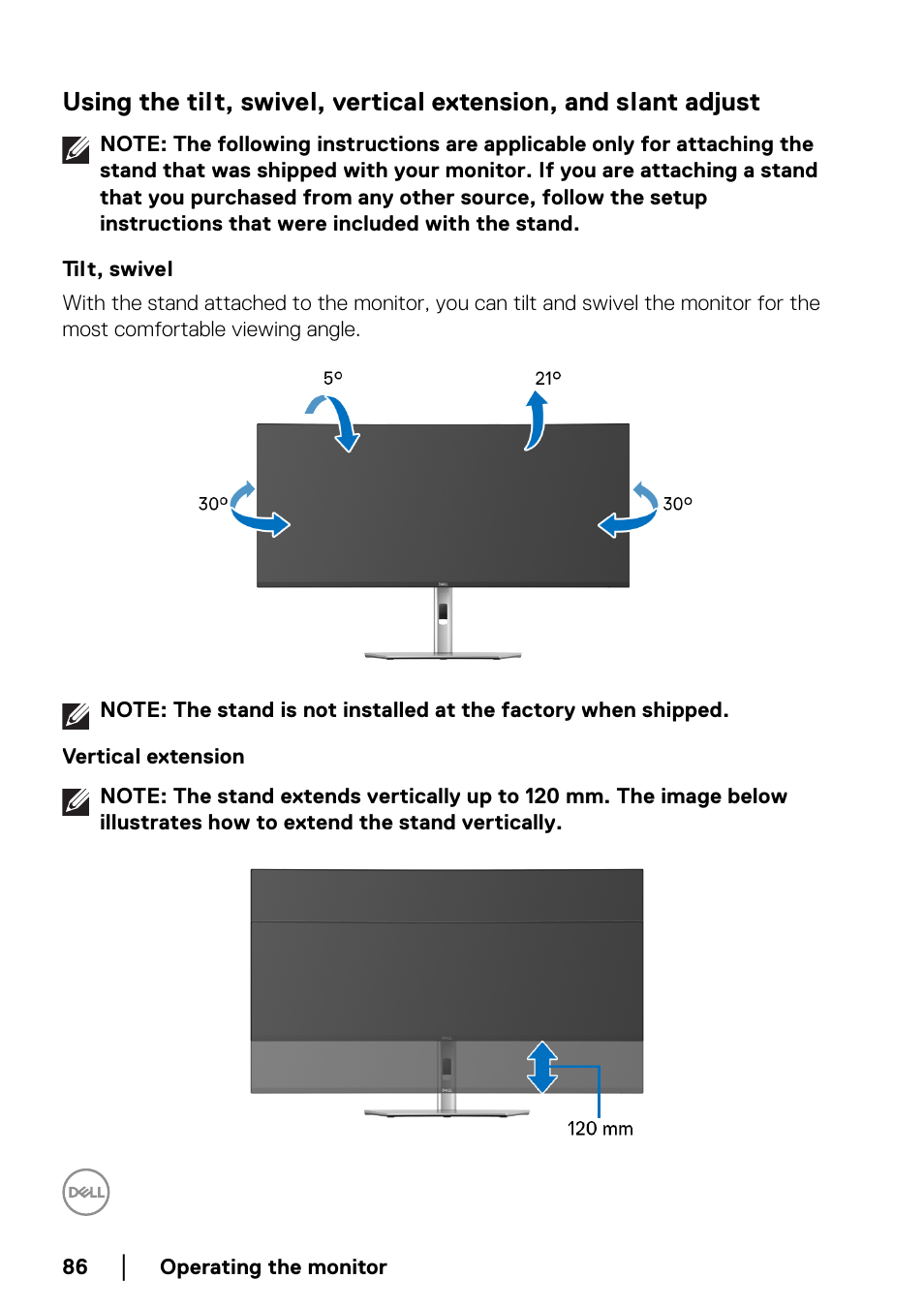 Adjust, Tilt, swivel, Vertical extension | Dell UltraSharp 38" 1600p Curved Monitor User Manual | Page 86 / 96