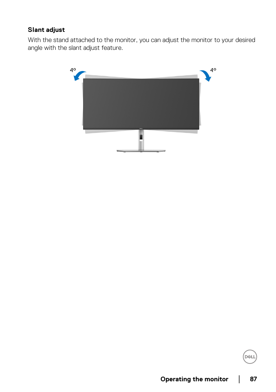 Slant adjust | Dell UltraSharp 38" 1600p Curved Monitor User Manual | Page 87 / 96
