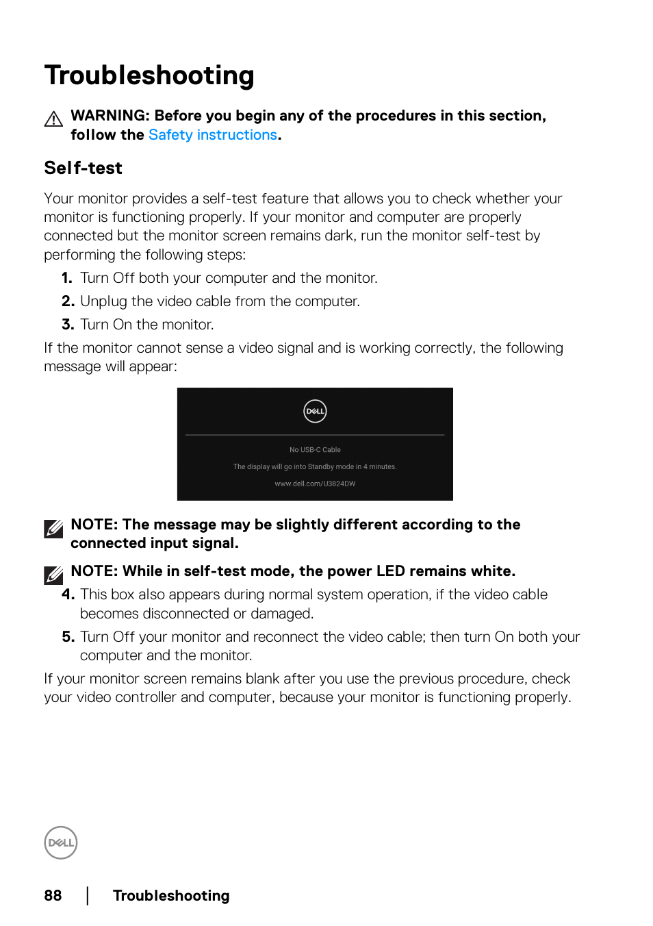 Troubleshooting, Self-test | Dell UltraSharp 38" 1600p Curved Monitor User Manual | Page 88 / 96