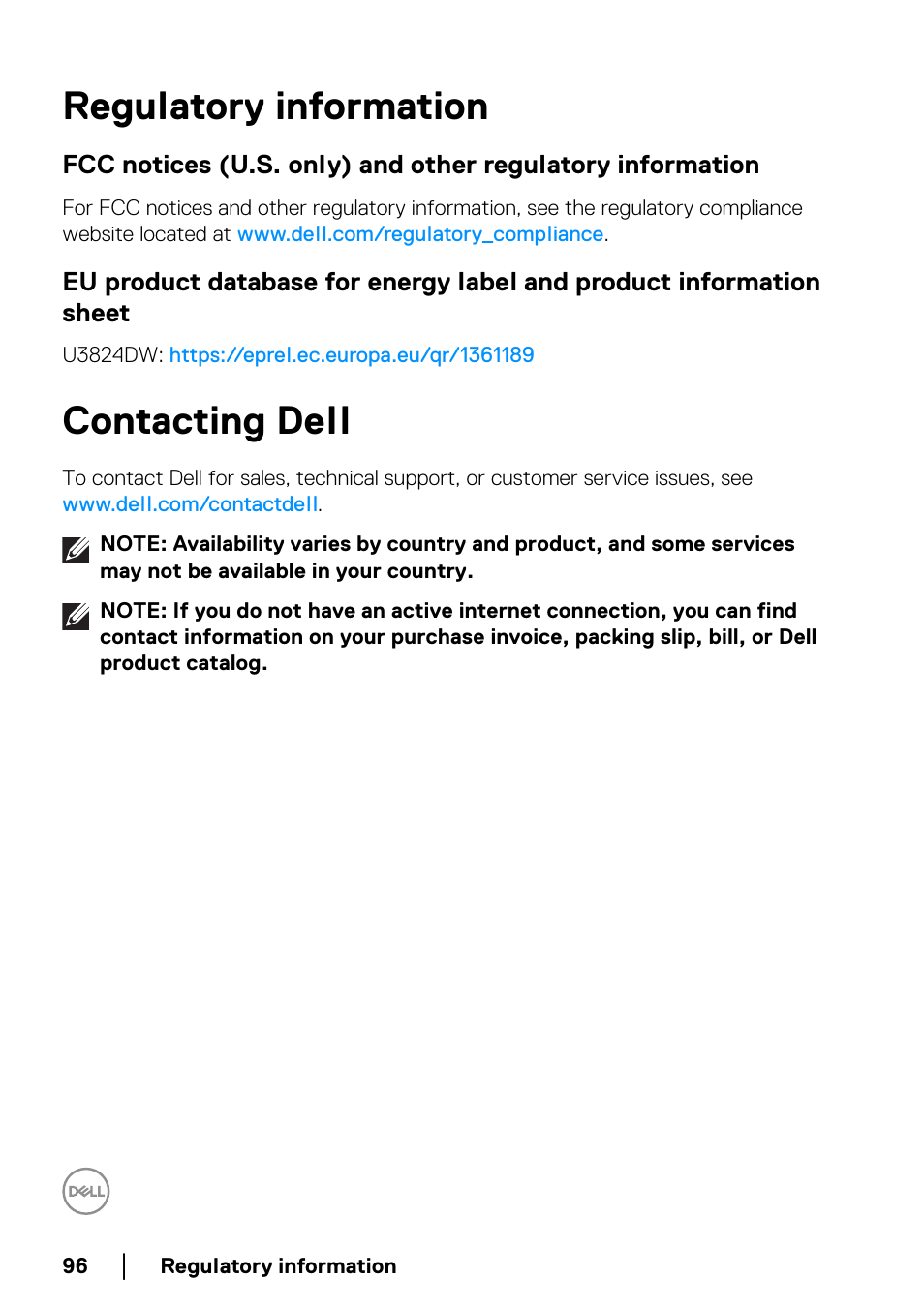 Regulatory information, Contacting dell, Fcc notices (u.s. only) and other regulatory | Information | Dell UltraSharp 38" 1600p Curved Monitor User Manual | Page 96 / 96