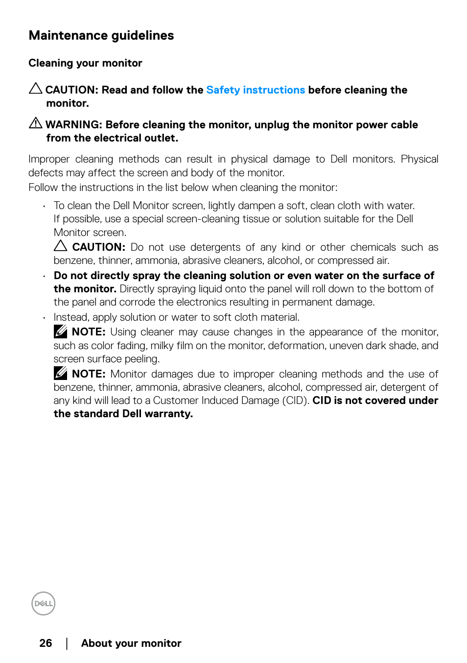 Maintenance guidelines, Cleaning your monitor | Dell P2723QE 27" 4K UHD USB Type-C Hub Monitor User Manual | Page 26 / 79