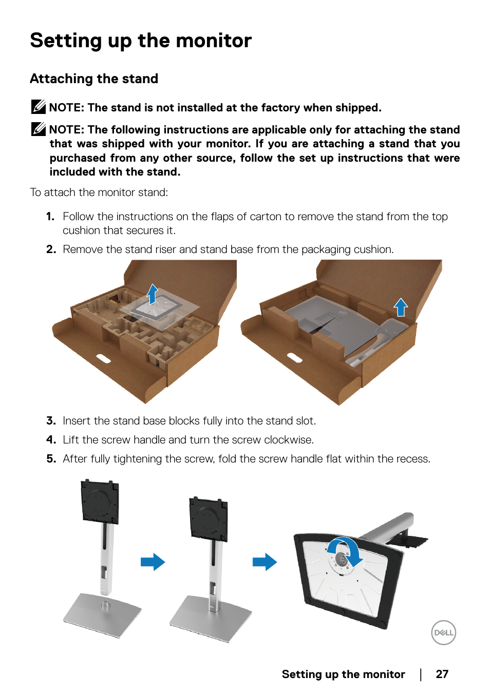 Setting up the monitor, Attaching the stand | Dell P2723QE 27" 4K UHD USB Type-C Hub Monitor User Manual | Page 27 / 79