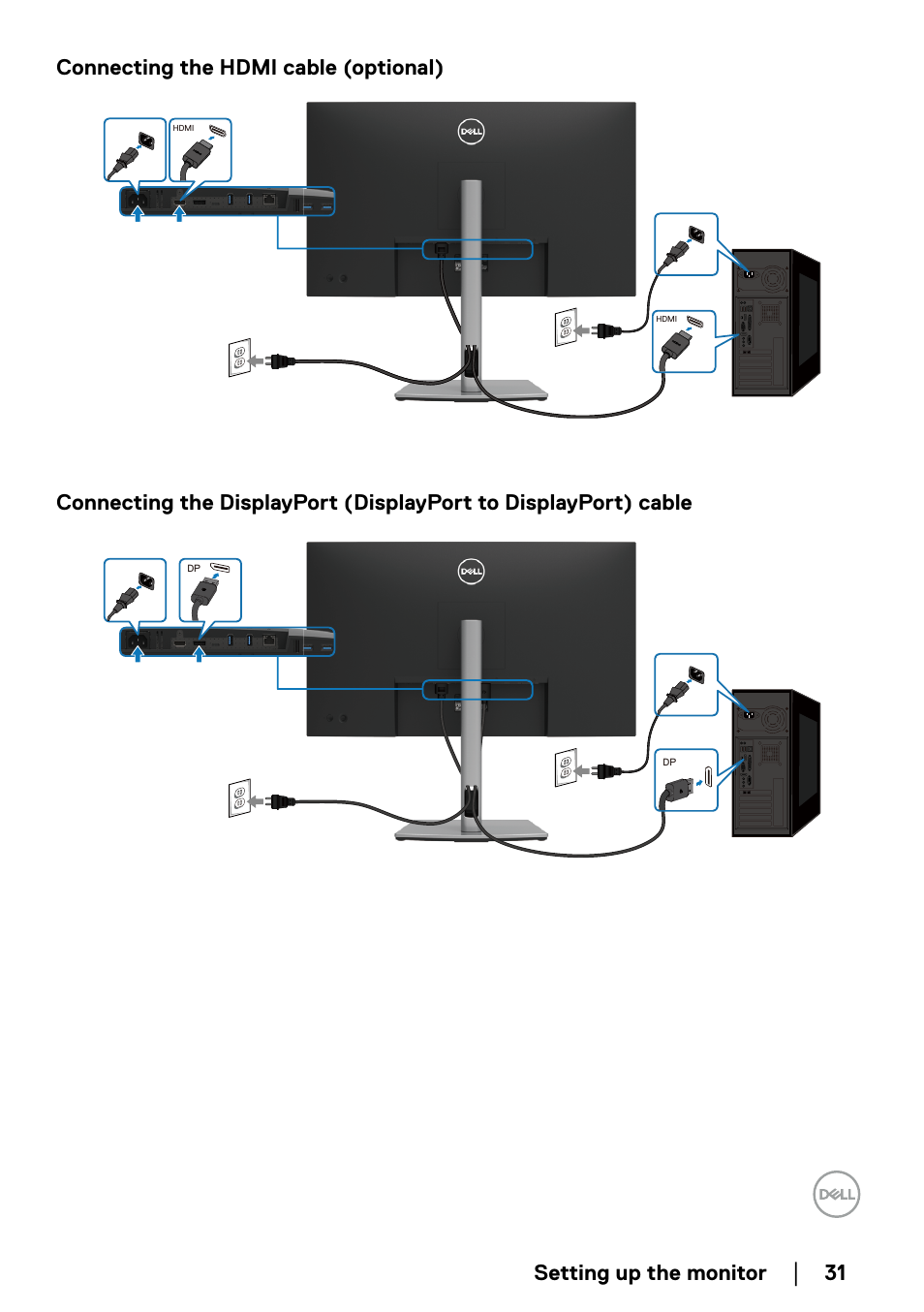 Connecting the hdmi cable (optional), Setting up the monitor, 31 connecting the hdmi cable (optional) | Dell P2723QE 27" 4K UHD USB Type-C Hub Monitor User Manual | Page 31 / 79