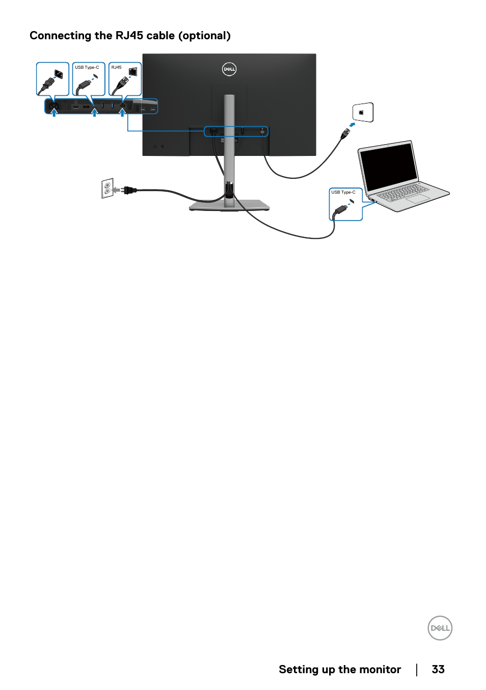 Connecting the rj45 cable (optional), Setting up the monitor, 33 connecting the rj45 cable (optional) | Dell P2723QE 27" 4K UHD USB Type-C Hub Monitor User Manual | Page 33 / 79