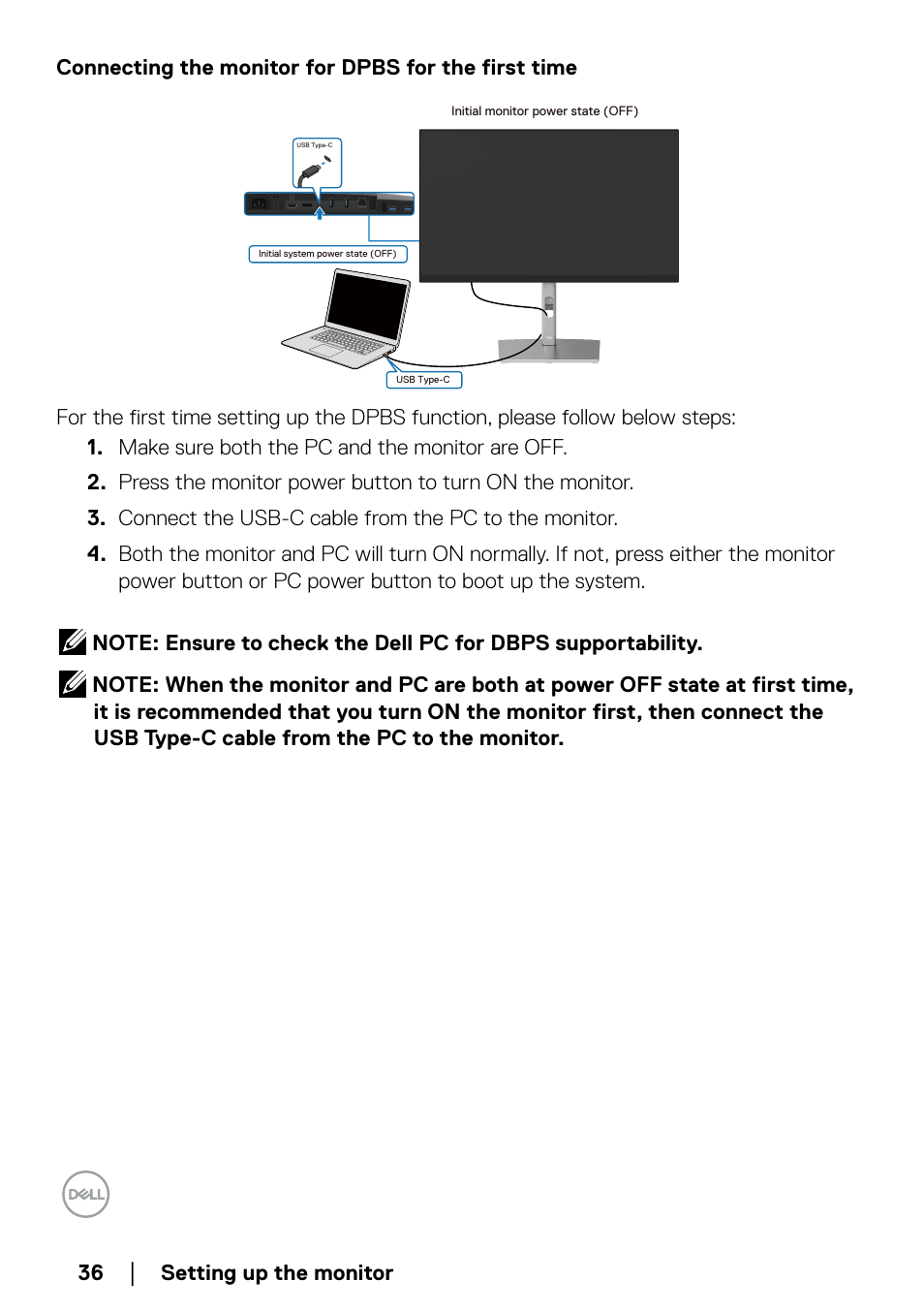 Connecting the monitor for dpbs for the first time | Dell P2723QE 27" 4K UHD USB Type-C Hub Monitor User Manual | Page 36 / 79