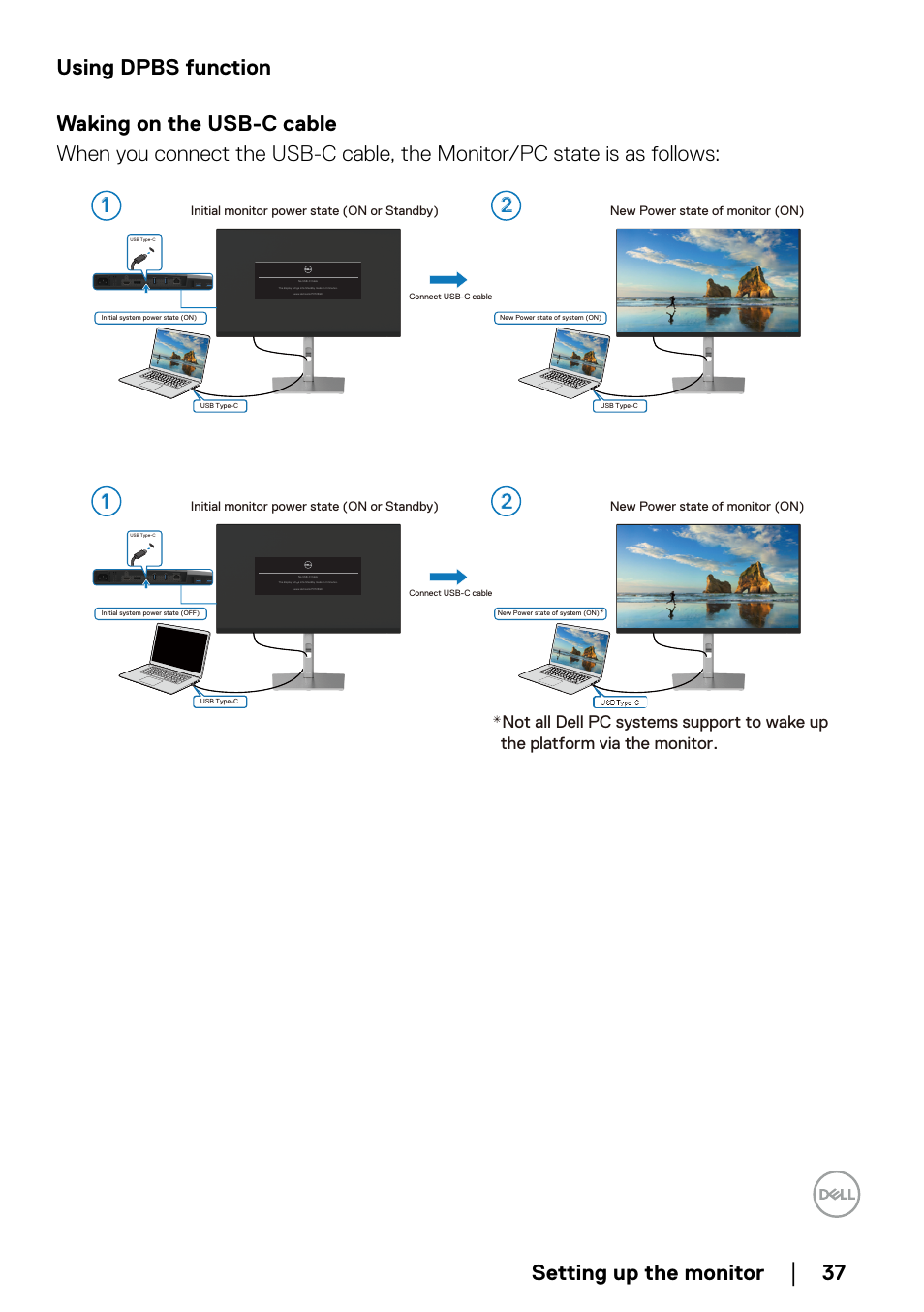 Using dpbs function, Setting up the monitor | Dell P2723QE 27" 4K UHD USB Type-C Hub Monitor User Manual | Page 37 / 79